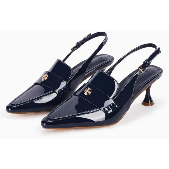 Women's Navy Blue Pointed Toe Sandals Kitten Heel Pumps Slip On Ankle Buckle - Picture 4 of 8